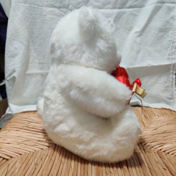 Goffa White Teddy Bear Plush 9" Red Gold Satin Heart Bow Valentine Gift Cute - Picture 3 of 5